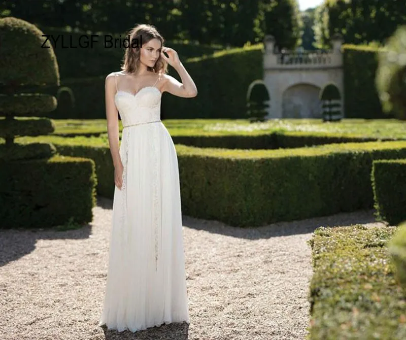 ZYLLGF Bridal Sheath Sweetheart Spaghetti Straps Lace Chiffon Bride Dresses Long Floor Length Cheap Dress For Wedding TA19 | Свадьбы и