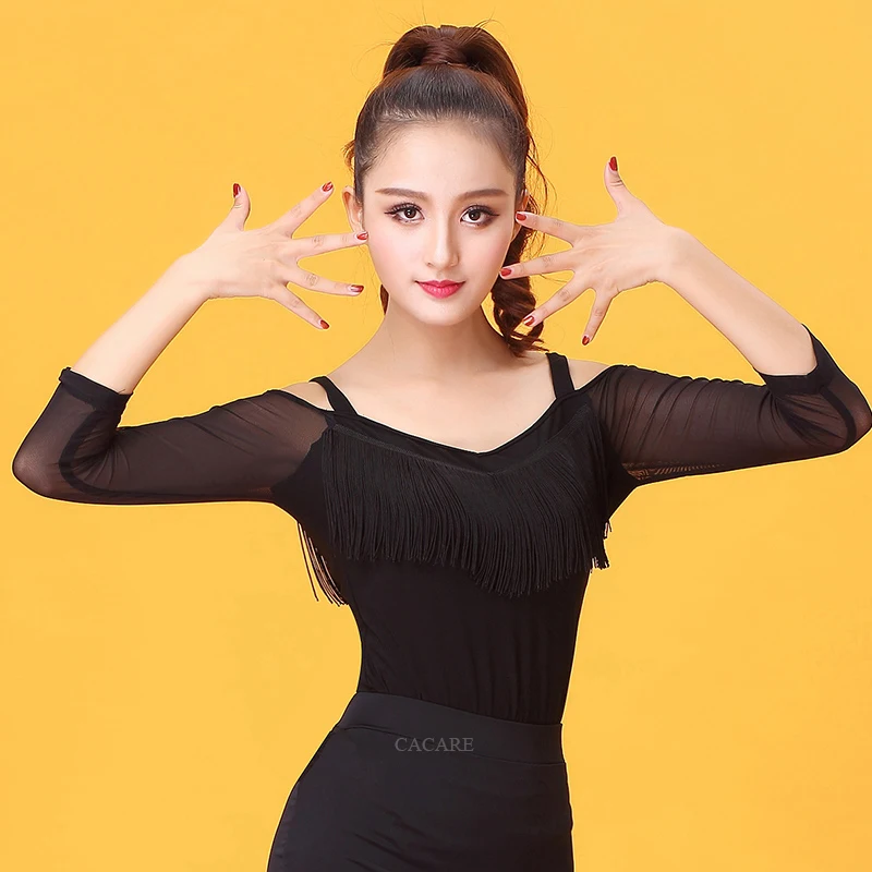CACARE Latin Ballroom Dance Shirts Women Top for Tango Salsa Fringe Dancing Costume D0557 with Tassels | Тематическая одежда и