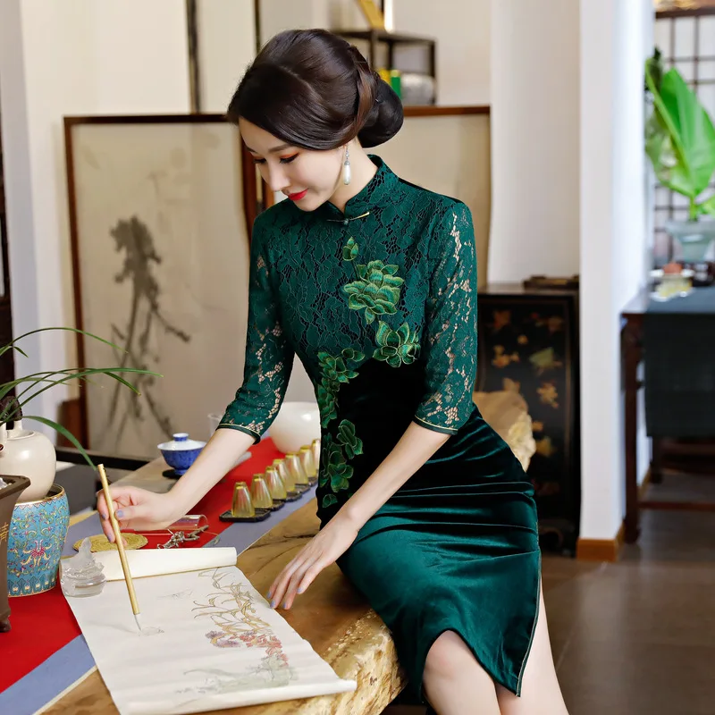 Cheongsam Винтаж китайский Стиль велюр кружевном платье женщина Qipao тонкий Платья для