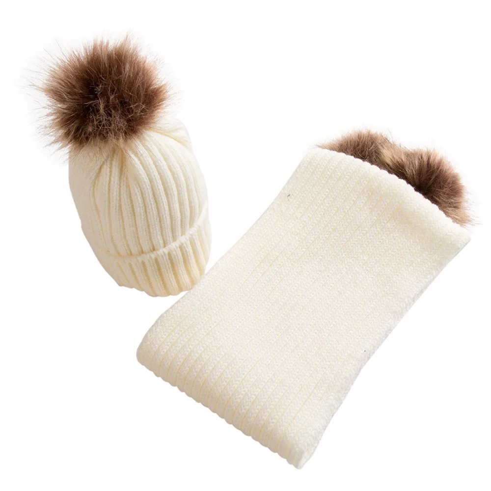 Beige 1 комплект Осень Зима крючком шляпа с помпоном девочка вязанная шапка для мальчика шапка шляпы, шарф, воротники, gorros oc18 - Цвет: Beige