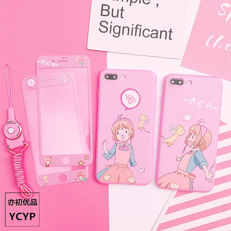 For iphone X Cartoon Sailor Moon Case +Tempered Glass Screen film for 8 8plus 6 6S plus 7 7plus Cardcaptor Sakura cover |
