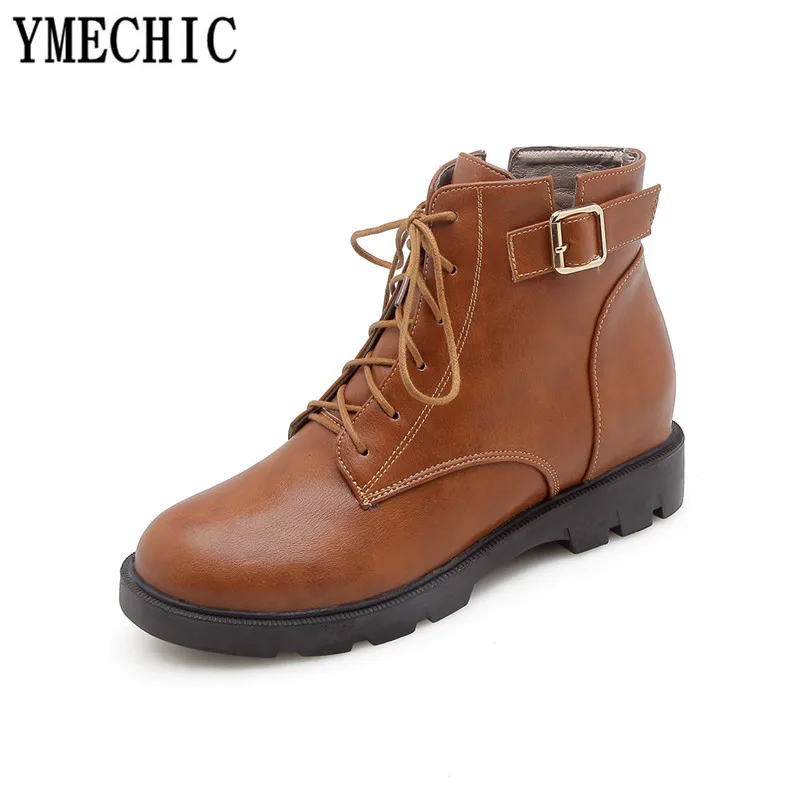 YMECHIC/2018 зимние черные коричневые армейские ботинки для женщин обувь на Плоском