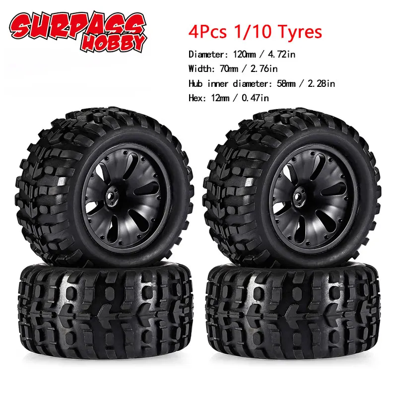 4Pcs 4 шт. 1:10 120x70x12 мм колеса с шинами для HSP Wltoys ZD Racing HPI Redcat LRP 1/10 Monster Truck RC автомобильные запчасти - Цвет: 4Pcs