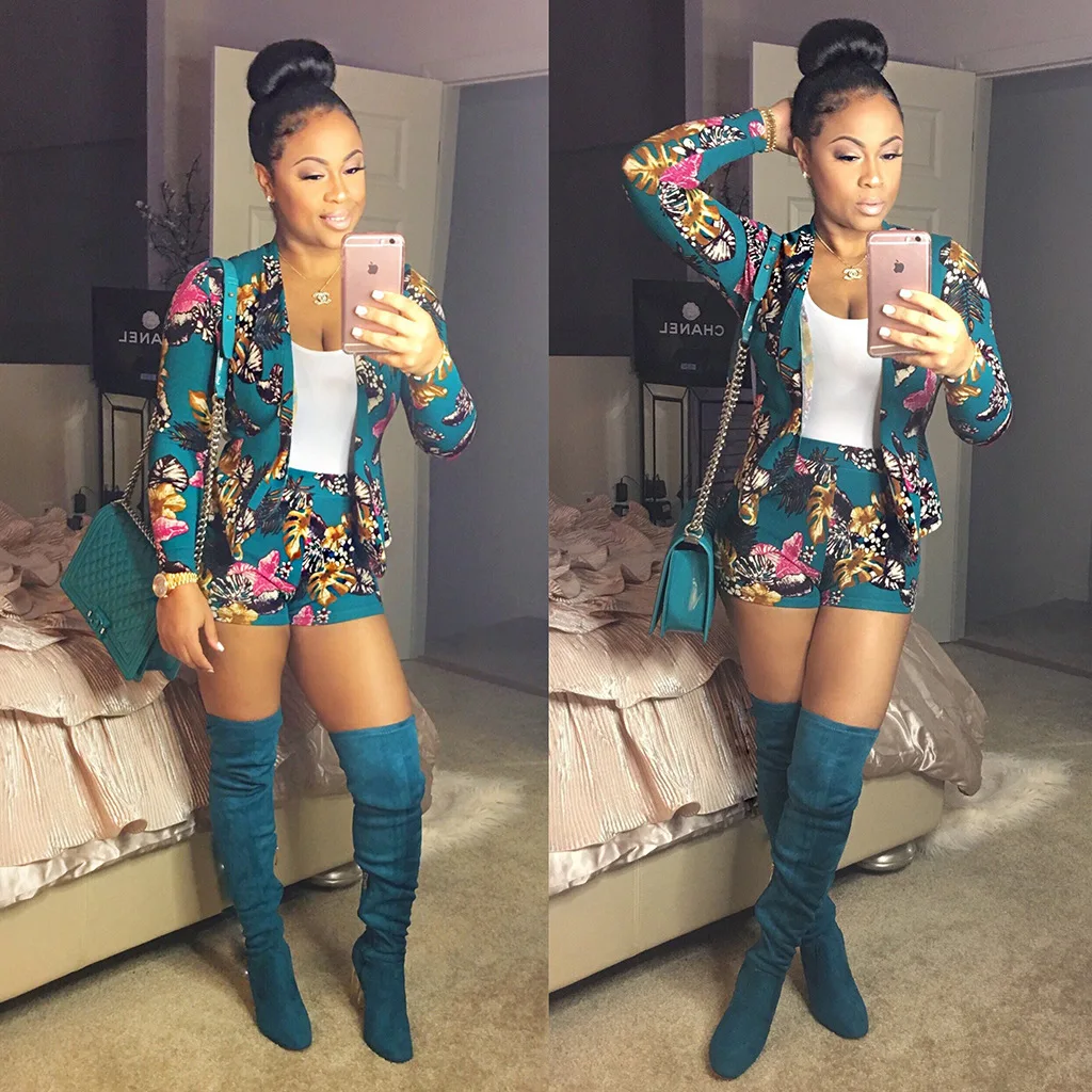 Летний комплект из двух предметов пиджак с цветочным принтом женская одежда