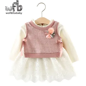 Розничная продажа, однотонное Хлопковое платье с длинными рукавами и шерстяной юбкой-жилетом для детей, весна-осень