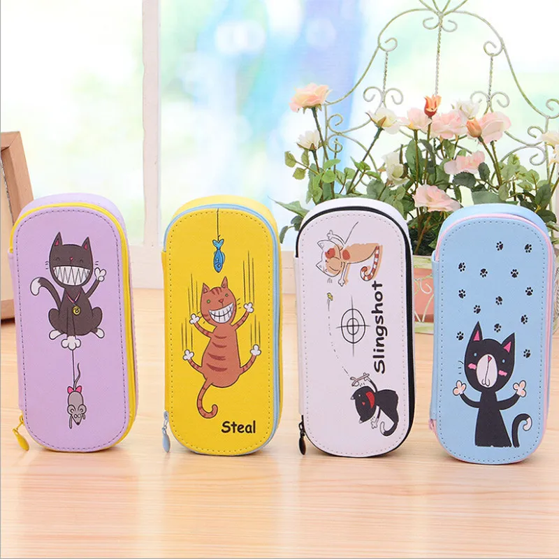 Милый кошачий школьный пенал для девочек Большой Вместительный из искусственной