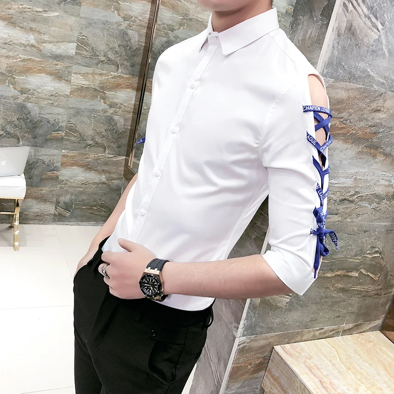 

Personality Ribbon Design Half Sleeve Shirt Men Korean Slim Fit 2021 Summer Dress Shirts Man Casual Plus Size Hairstylist Shirts
