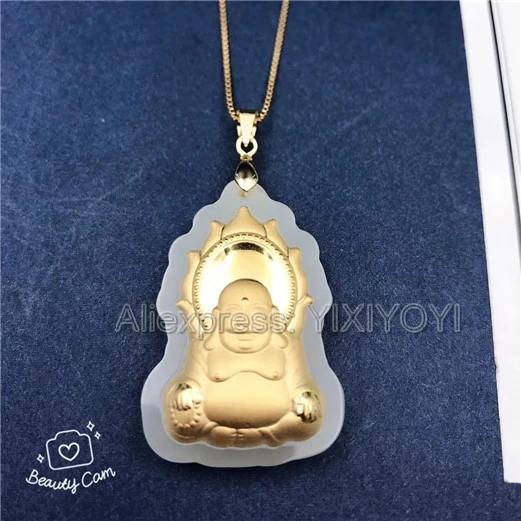 Натуральный белый нефрит + 18K твердое золото инкрустированный огонь гуаньинь