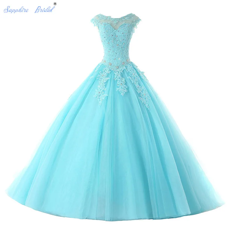 Сапфировое свадебное длинное вечернее платье Vestido De 15 Anos Cap Sleeve кружевное с