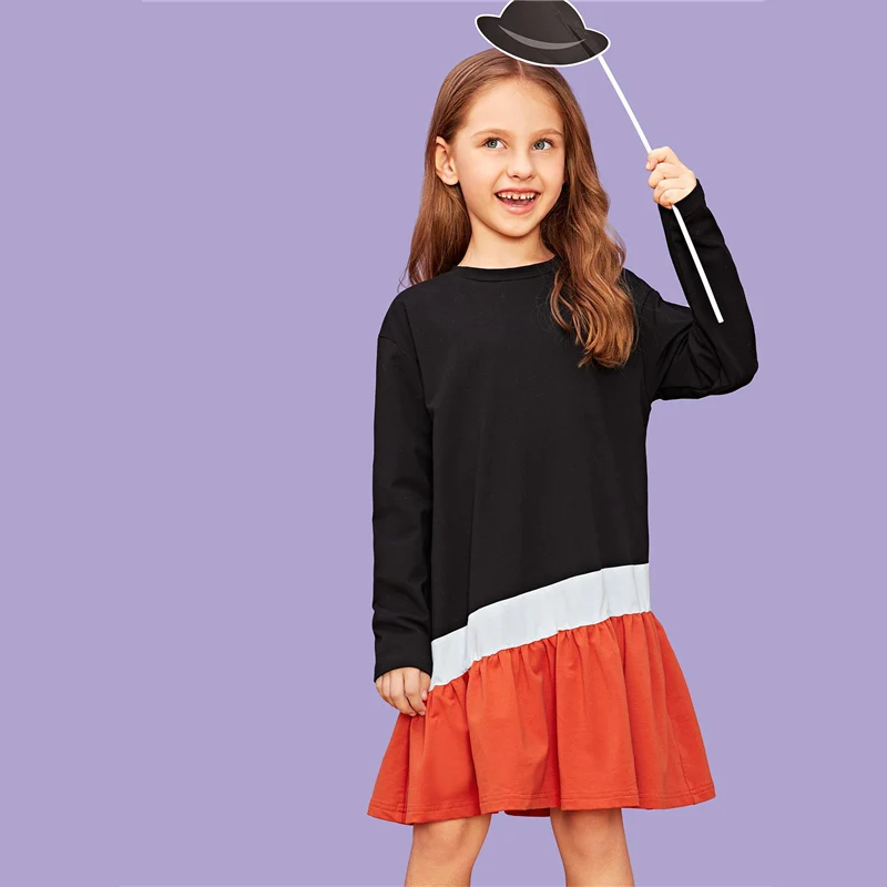 SHEIN/детское праздничное платье с цветными блоками и вышивкой для девочек; коллекция года; сезон весна; повседневные Детские платья средней длины с длинными рукавами; Одежда для девочек
