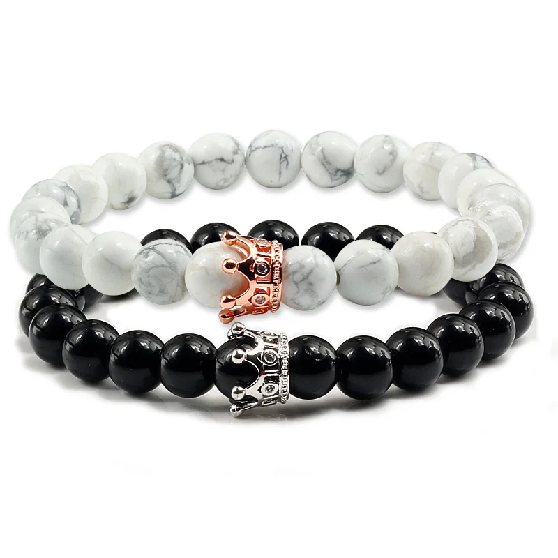 2 шт./компл. модный браслет из чакры с короной белые и черные натуральные камни