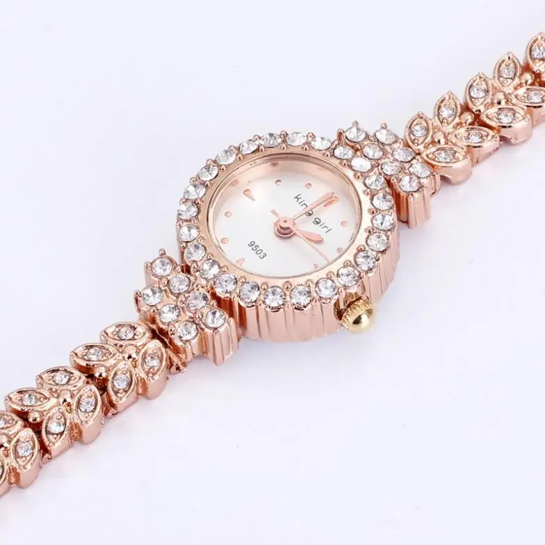 King Girl royal rose gold bracelet watch women top brand unique full crystal diamonds for ladies quartz round free shipping | Наручные