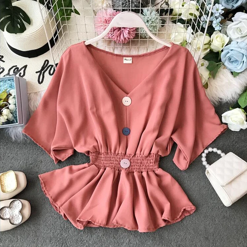 Женская однотонная шифоновая блузка с оборками приталенная рубашка v-образным