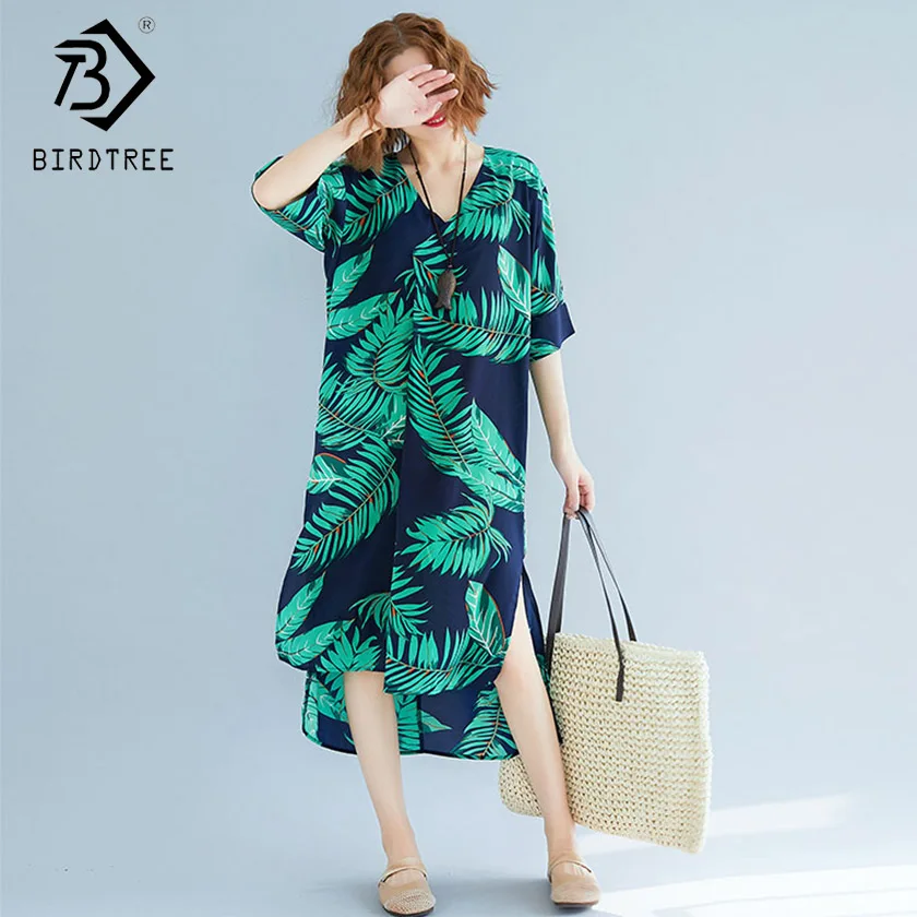 Летнее женское платье с принтом листьев свободное асимметричное разрезом v