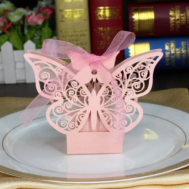 100 шт розовые бабочки лазерной резки конфеты коробки свадебные сувениры и