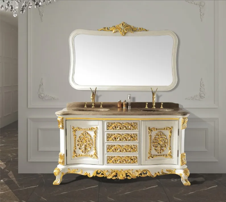 

White solid wood antique bathroom cabinet with mirror and classic bathroom vanity bathroom furniture