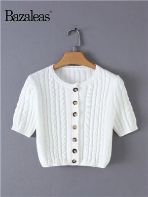 DW2592 WHITE Bazaleas, винтажный тонкий укороченный топ, сексуальная трикотажная женская футболка, белая, модная, Центральная пуговица, harajuku, укороченная, базовая, женская футболка - Цвет: DW2592 WHITE