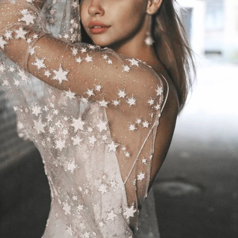 Женское длинное платье с блестками и звездами в стиле феи свадебное вечернее для