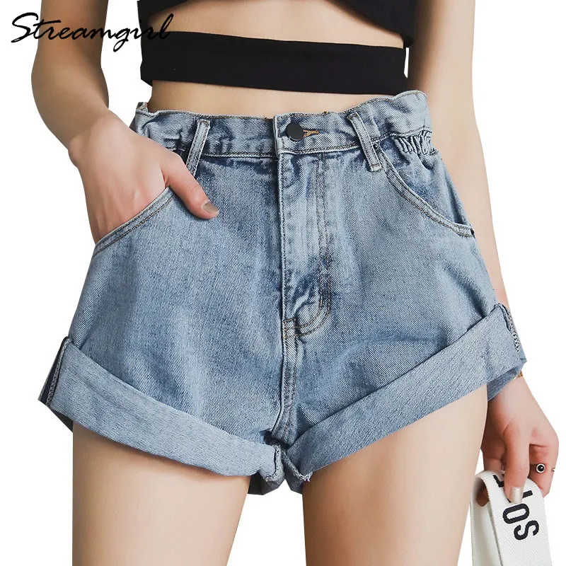 Light blue Streamgirl/белые джинсовые шорты с высокой талией; женские короткие винтажные джинсовые шорты цвета хаки с широкими штанинами и эластичной резинкой на талии; свободные женские летние шорты - Цвет: Light blue