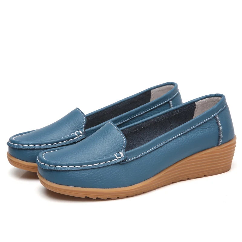 Light blue Кожаная женская обувь на плоской подошве; цветная обувь; Лоферы без застежки; женская обувь на плоской подошве; Мокасины - Цвет: Light blue