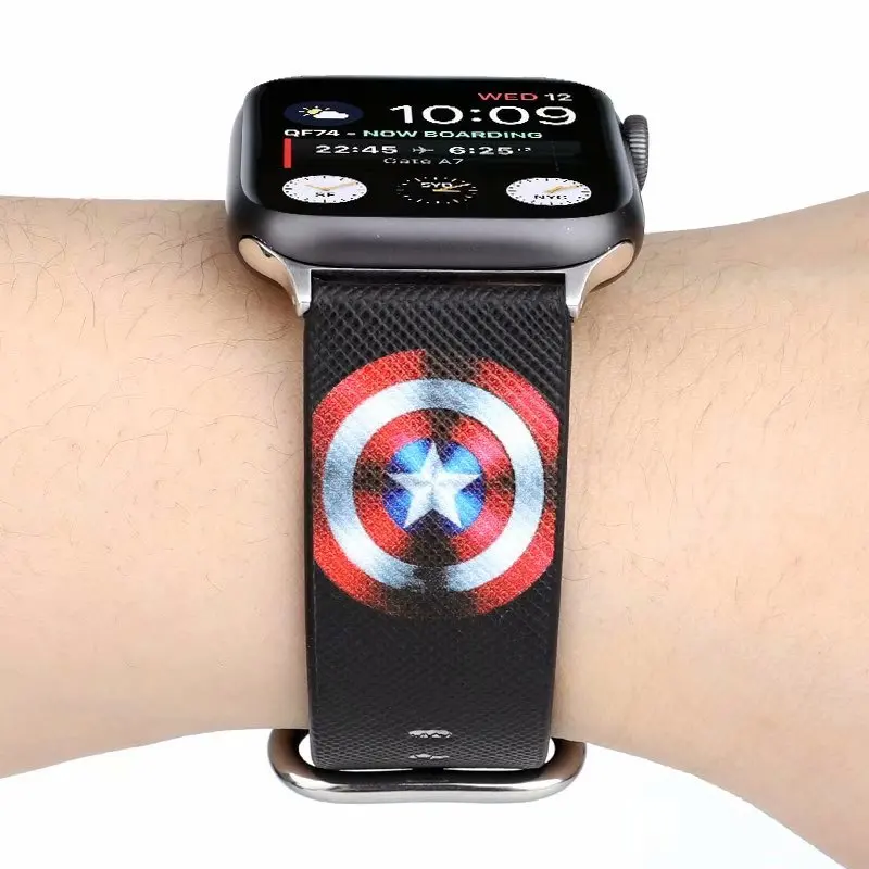 Cartoon Style Leather Bracelet Strap For Apple Watch Band 7 6 5 4 41mm 45mm 44/40mm Marvel Heroes For iWatch series 3 2 42/38mm