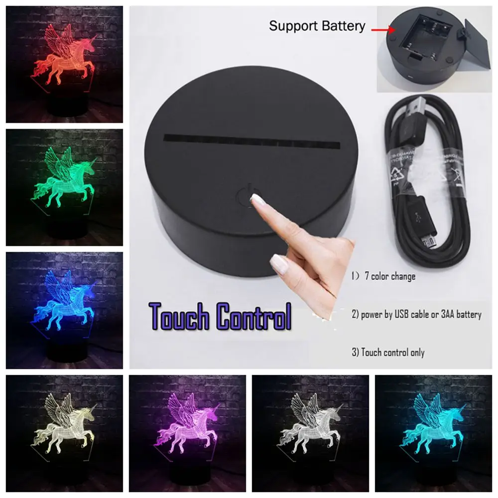Touch 7 Color change 3D Lava Flying Wings Единорог Лошадь светодиодный стол для детской спальни 7 цветов USB зарядка Романтический лунный Ночной светильник подарок на день рождения для детей - Испускаемый цвет: Touch 7 Color change