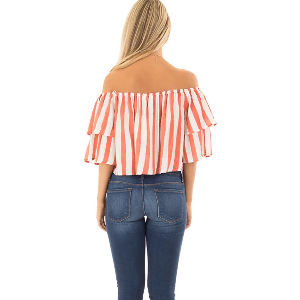 Womens fashion blouse sexy slash striped neck ladies Summer Off Shoulder tank Shirts Casual Loose Tops blusas de mujer verano |