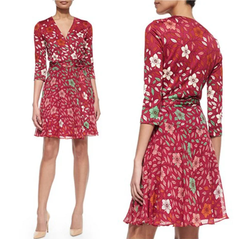 Woman Vintage Summer Dresses 2019 Ladies V-Neck Cherry Blossom Print Milk Silk Patchwork Chiffon Wrap Dress | Женская одежда