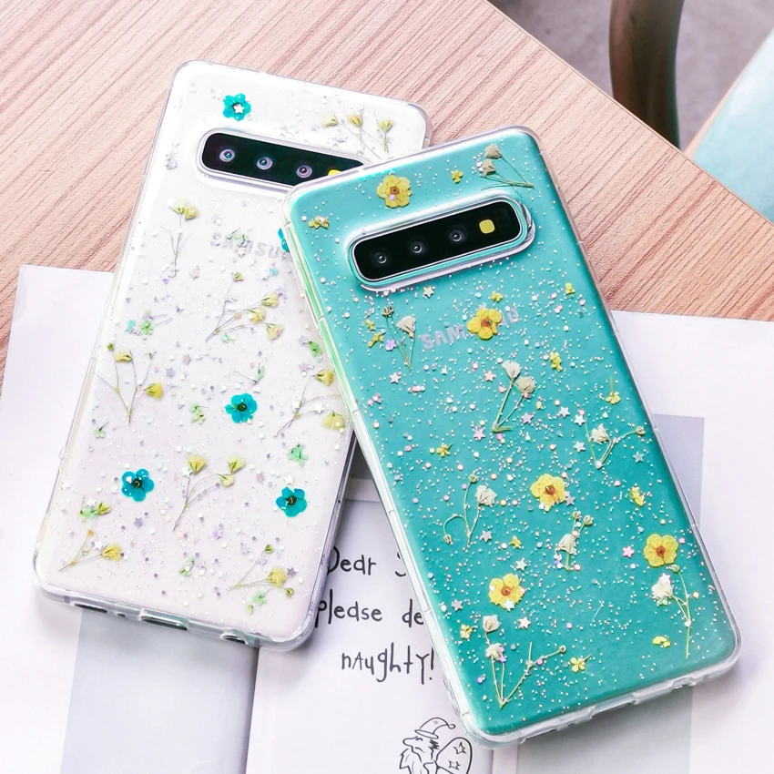 Прозрачные блестящие чехлы с высушенными цветами для samsung Galaxy S10 S9 Plus, прозрачные блестящие накладки на заднюю панель с настоящими цветами для Galaxy S9