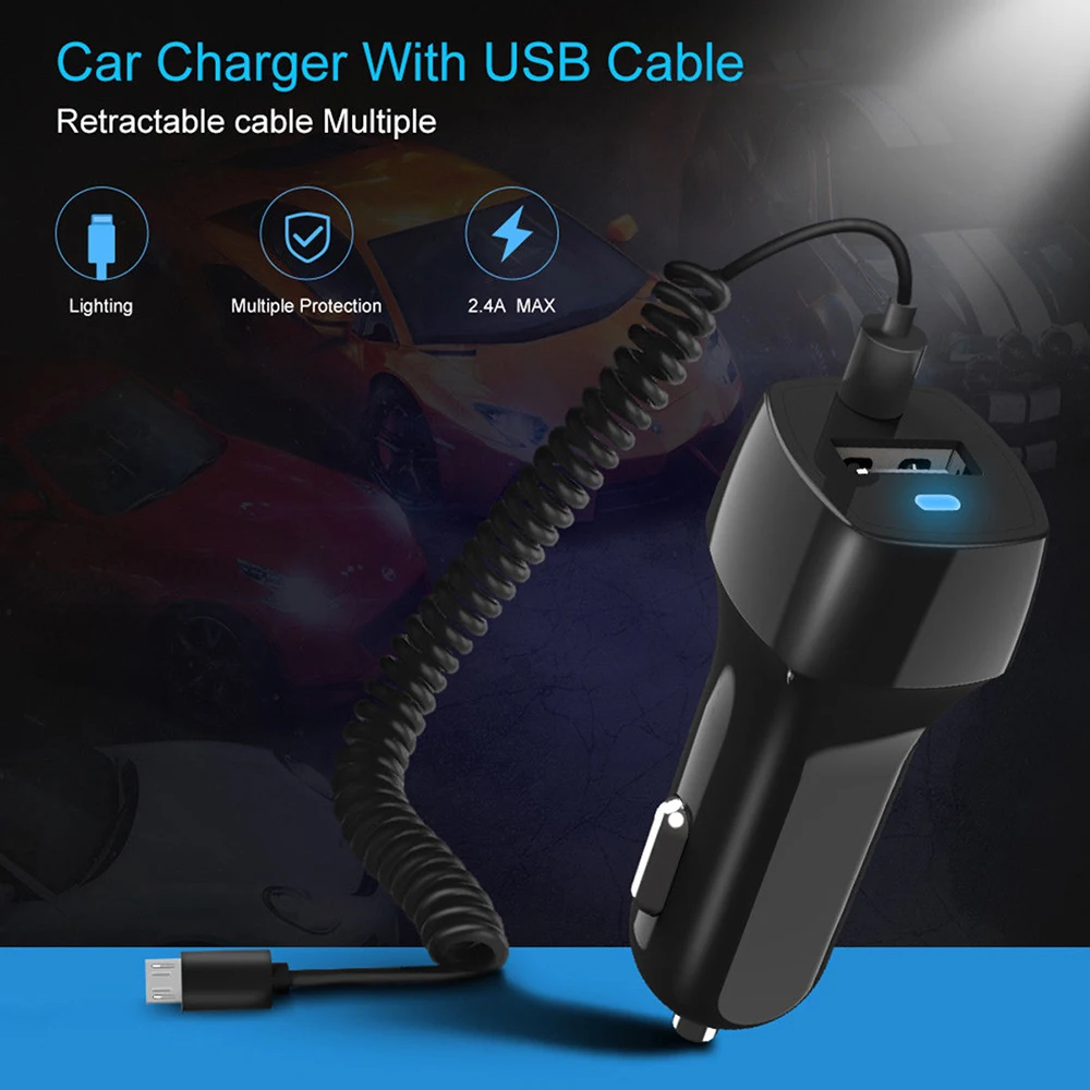 

Весеннее автомобильное зарядное устройство, 2,4a, быстрое зарядное устройство для автомобиля, Micro USB, светодиодный индикатор зарядки, автомоб...