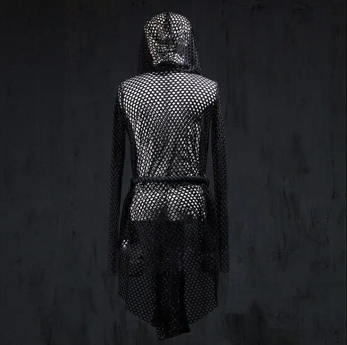 

Summer casual fashion men's long-sleeved T-shirt barber Long personality singer performance mesh shirt perspective hooded hollow