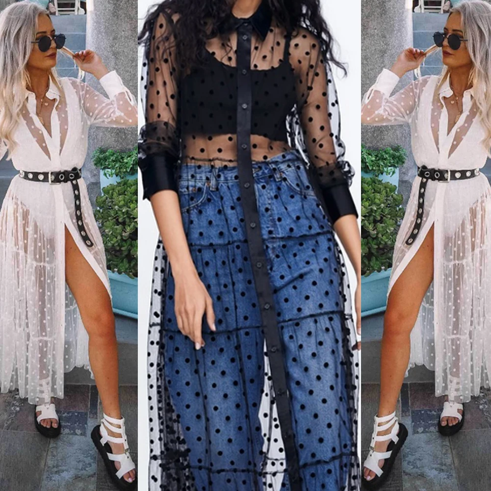 Women Mesh Sheer Transparent Polka Dot Lace Cover up V Neck Button Down Maxi Dress See-through Party Clubwear Beach Dress