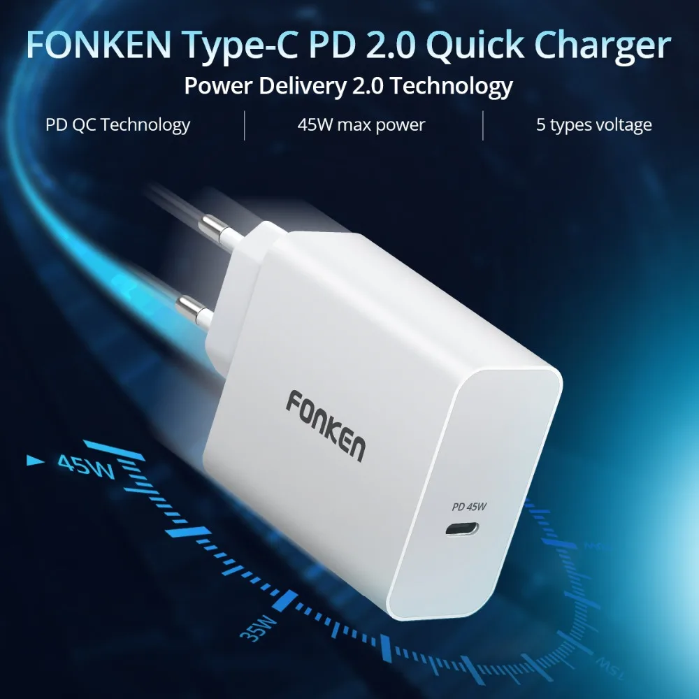 FONKEN type-C 45 Вт PD зарядное устройство с USB C кабелем Быстрая Зарядка телефона USB зарядное устройство 15 в 3 А Тип C ноутбук быстро настенный USB адаптер для путешествий