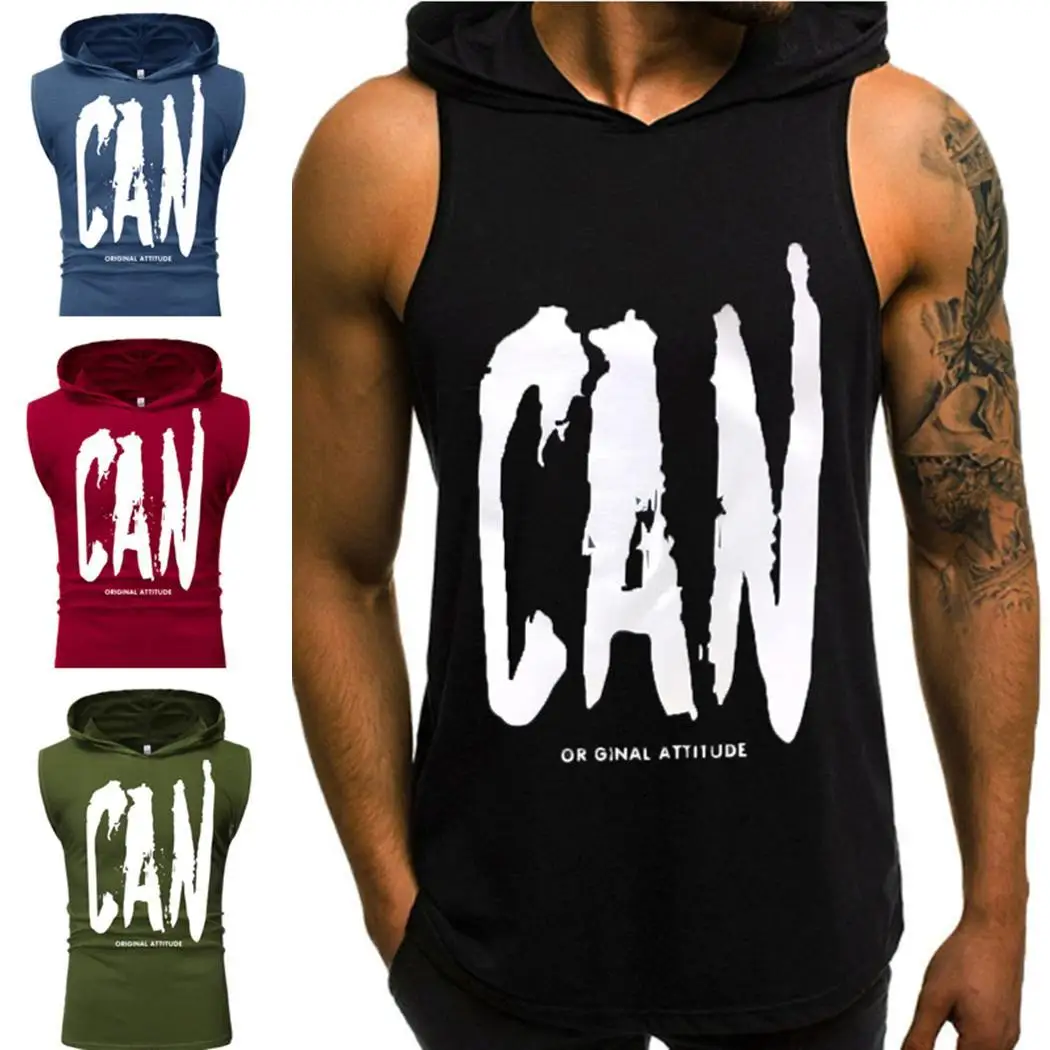 Men Casual Hooded Neck Sleeveless Letter Summer Print Red Green Blue Black Pullover Vest Top | Мужская одежда