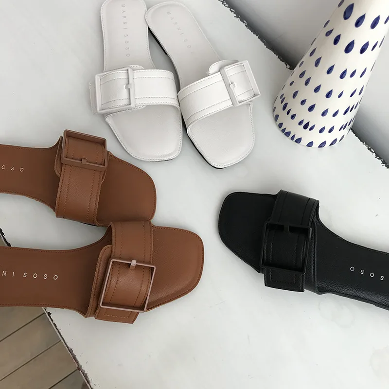 2019 new summer women's Fish mouth fashion fresh air Korean outfit buckle flat slippers size 35-39 f806 | Обувь