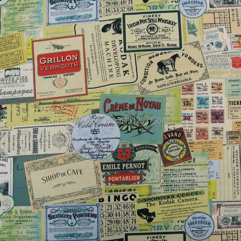 Ткань из хлопка и льна-винтажный коллаж для билетов (LF169) | Дом сад