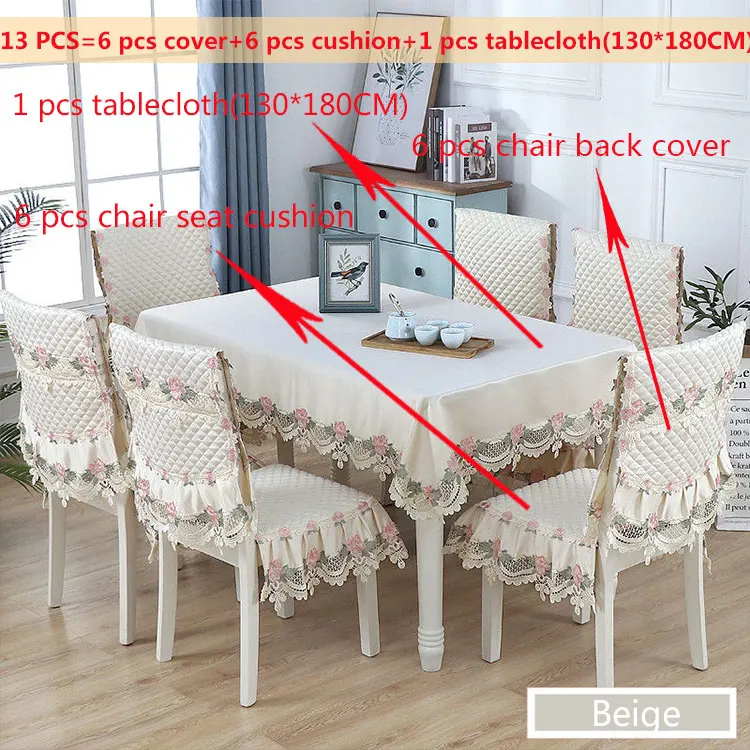 Beige13pcs130x180cm Пасторальная скатерть для стула, наволочка для подушки, набор для столовой, с принтом, твердая прямоугольная скатерть, цветочный свежий стиль, свадебный стол, украшение - Цвет: Beige13pcs130x180cm