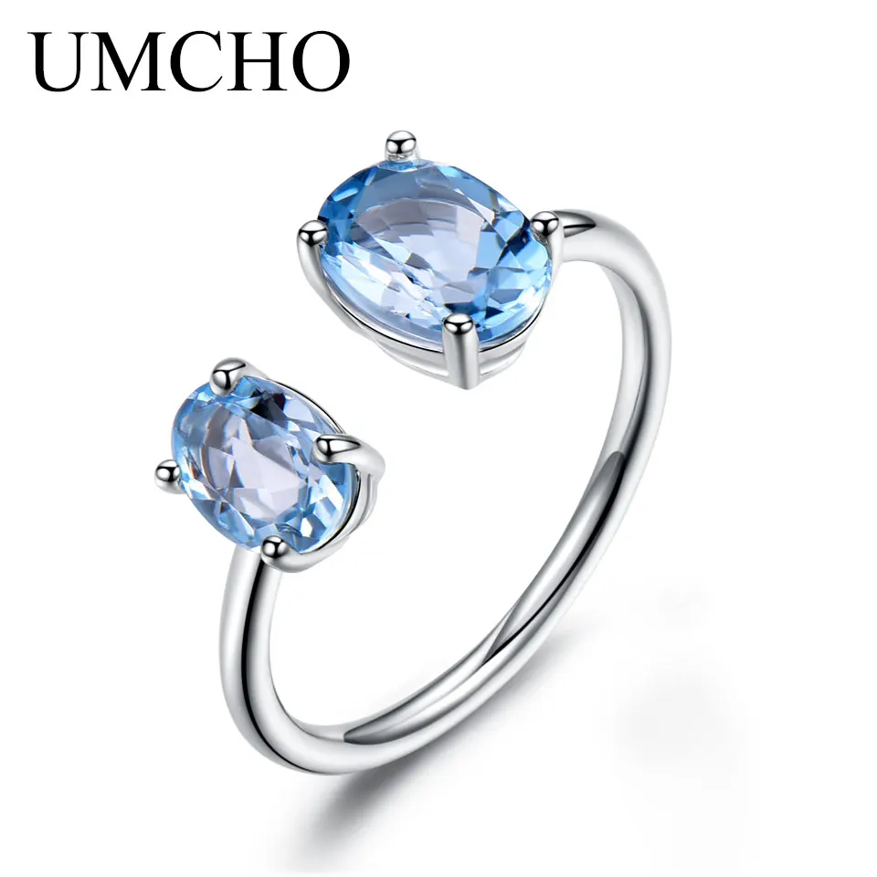 Синий UMCHO 10.7ct кольца с натуральным небесно-голубым топазом для женщин, одноцветное 925 пробы Серебряное обручальное регулируемое кольцо, хорошее ювелирное изделие - Цвет камня: Синий