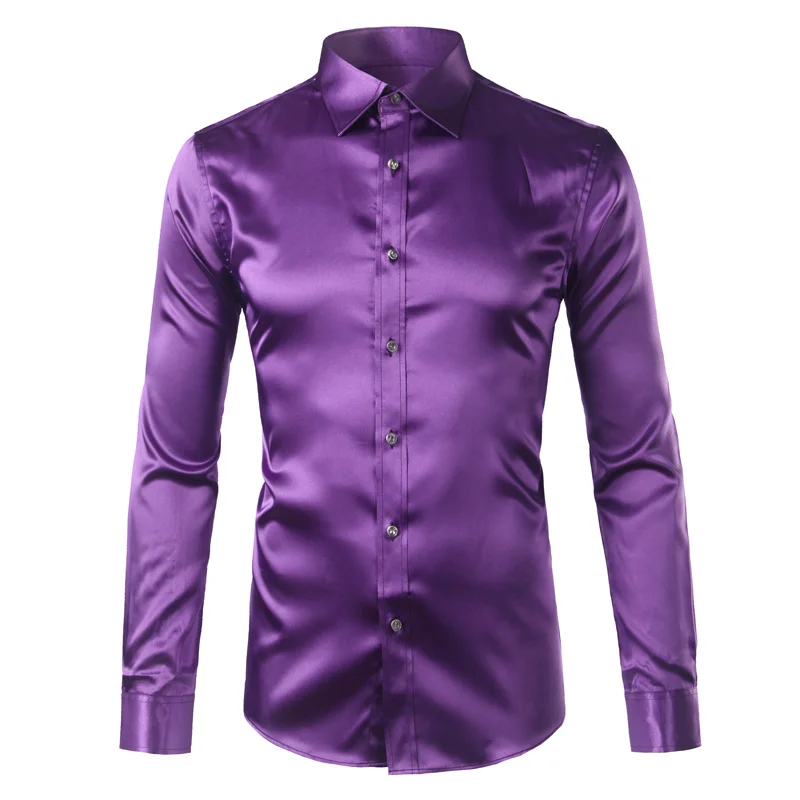 purple Трендовая шелковая атласная Мужская рубашка с длинным рукавом Chemise Homme модная мужская приталенная рубашка из искусственного шелка на пуговицах - Цвет: purple