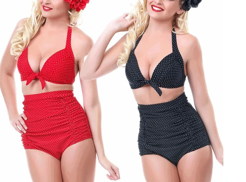 New Arrival Retro Wave Point Swimsuit Ladies Sexy Push Up Halter High Waist Bikini Set Swimwear Maillot De Bain Bathing Suits |