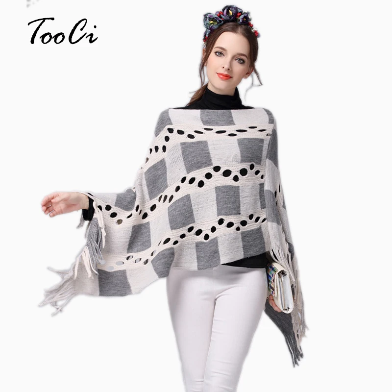 

Spring and Autumn Women Hollow Plaid Tassels Sweater Ladies Tassels Poncho Long Knitted Pullovers Knitted Cape Coat