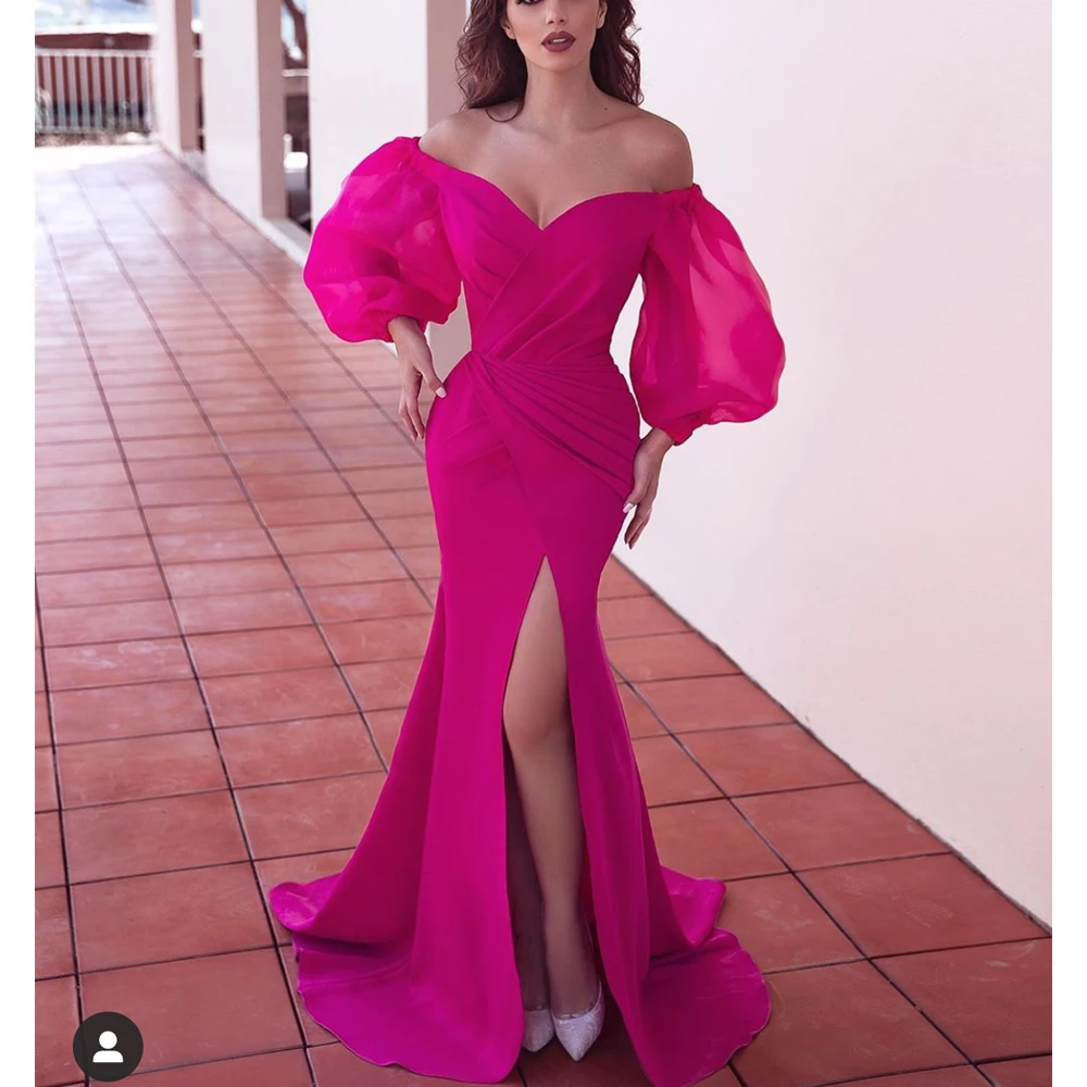 

fuchsia prom dresses off the shoulder front slit mermaid long sleeve evening dresses vestidos de fiesta