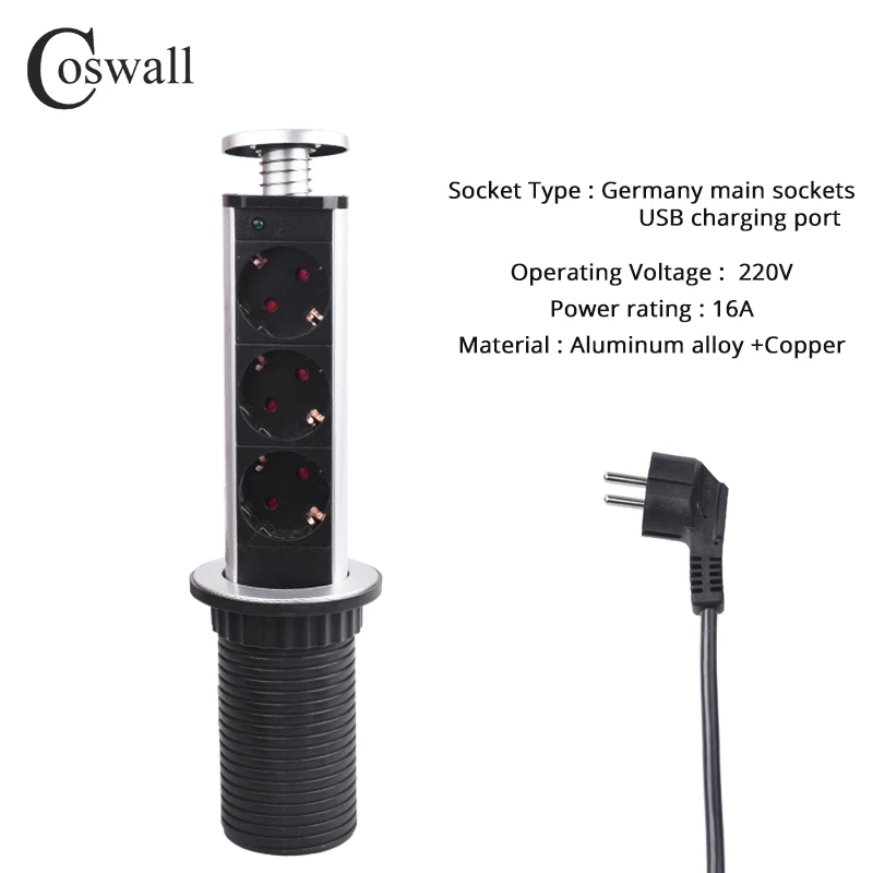 COSWALL 16A PULL POP UP 3 розетки питания кухонные настольные розетки Выдвижная столешница Европейская розетка с защитным замком от детей