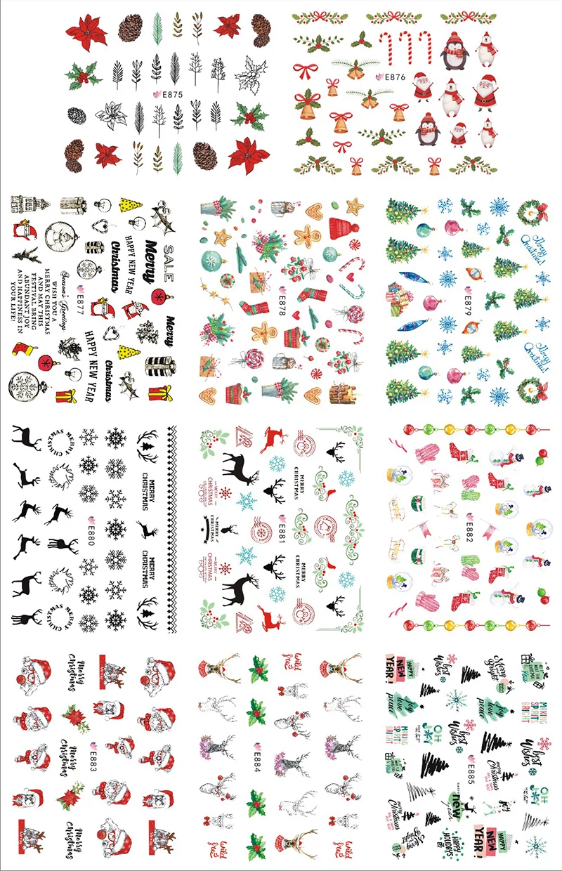 11 листов/партия Стикеры 3D на ногти Nail Art палочки красочные Санта-Клаус Снежинка