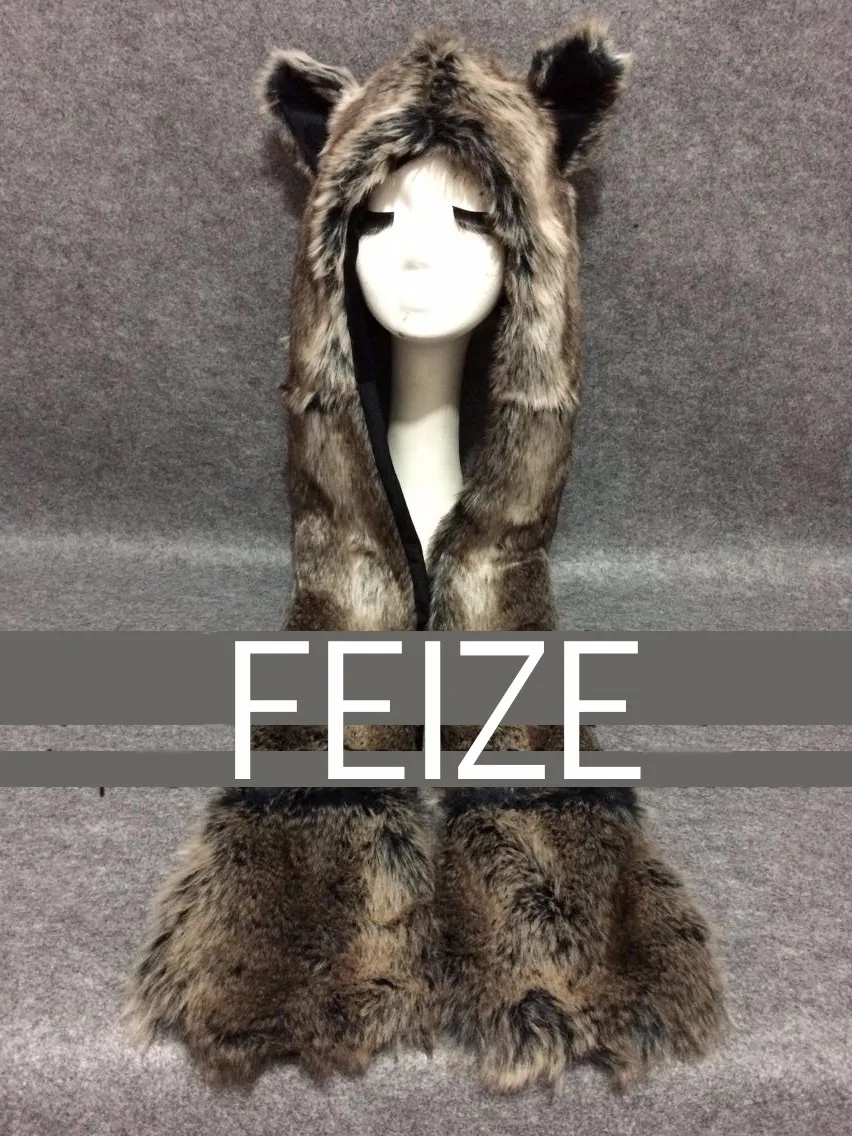 

Winter Male Faux Fur Hat Long Scarf Female Annimal Hat Cap Gloves Earflaps Warm Women Men Scarf Shawl Set Fluffy Plush Cartoon