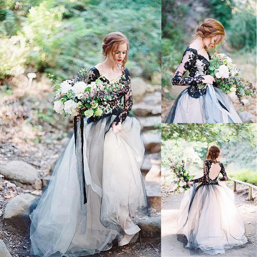 Unique Tulle V-Neck Wedding Dresses With Lace Appliques Grey Long Sleeves Bridal Dress Open Back vestido de noivas | Свадьбы и