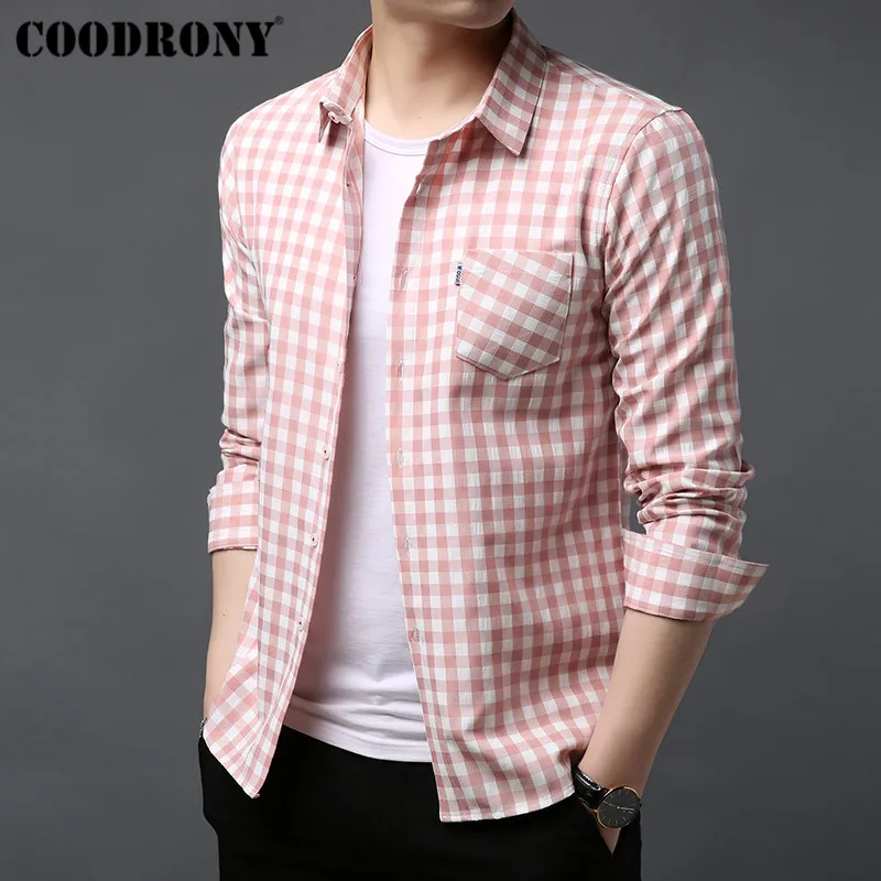 Красный Бренд COODRONY, мужская рубашка, хлопковая рубашка, Мужская одежда, осенняя уличная мода, клетчатые повседневные рубашки с длинным рукавом, Camisa Masculina 96044 - Цвет: Красный