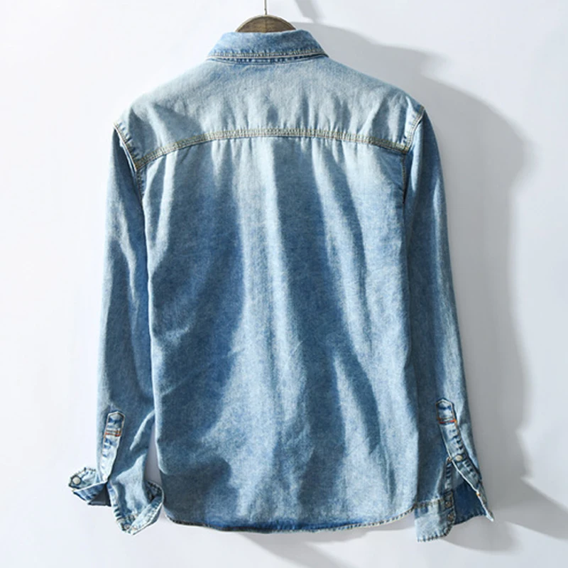 Мужская джинсовая рубашка с длинным рукавом повседневная синяя из 100% хлопка