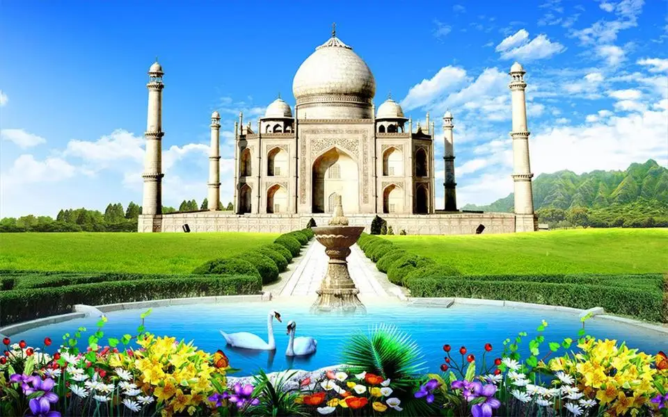 Пользовательские Настенные обои 3d Фото Обои номер Фреска Taj Mahal Лебедь озеро фото