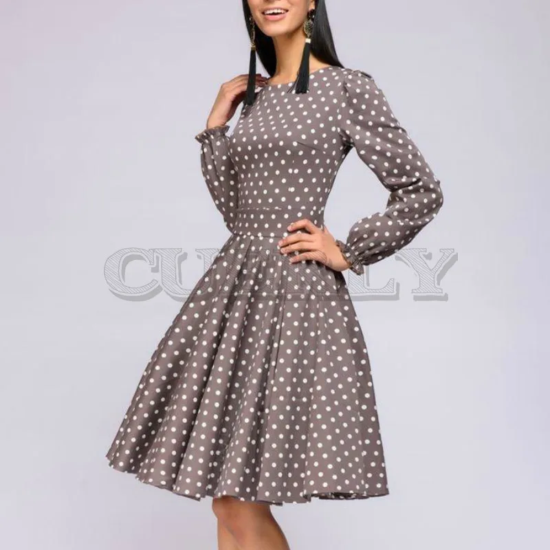Милое платье в горошек коричневого цвета винтажном стиле а силуэт 2019 женское